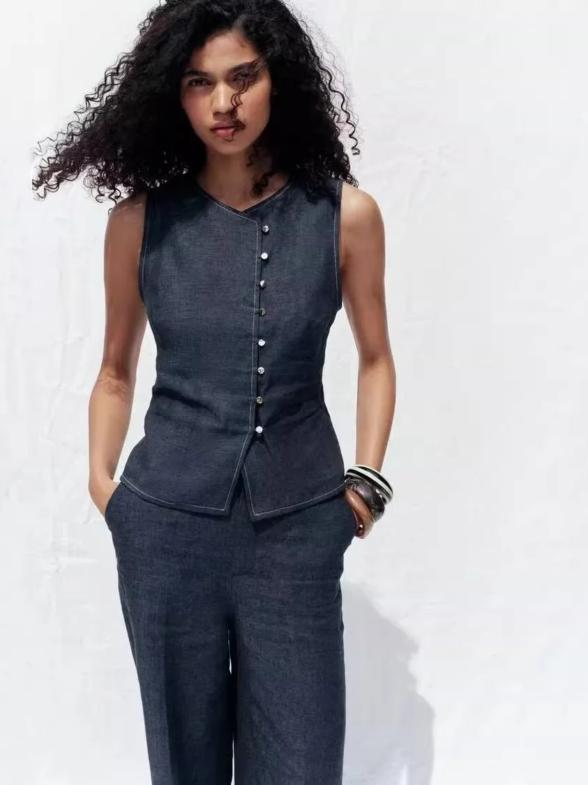 새로운 여름 여성용 매력적인 린넨 더블 브레스티드 라운드 넥 민소매 조끼 패셔너블한 출퇴근 스타일 슬림 핏 단색 셔츠