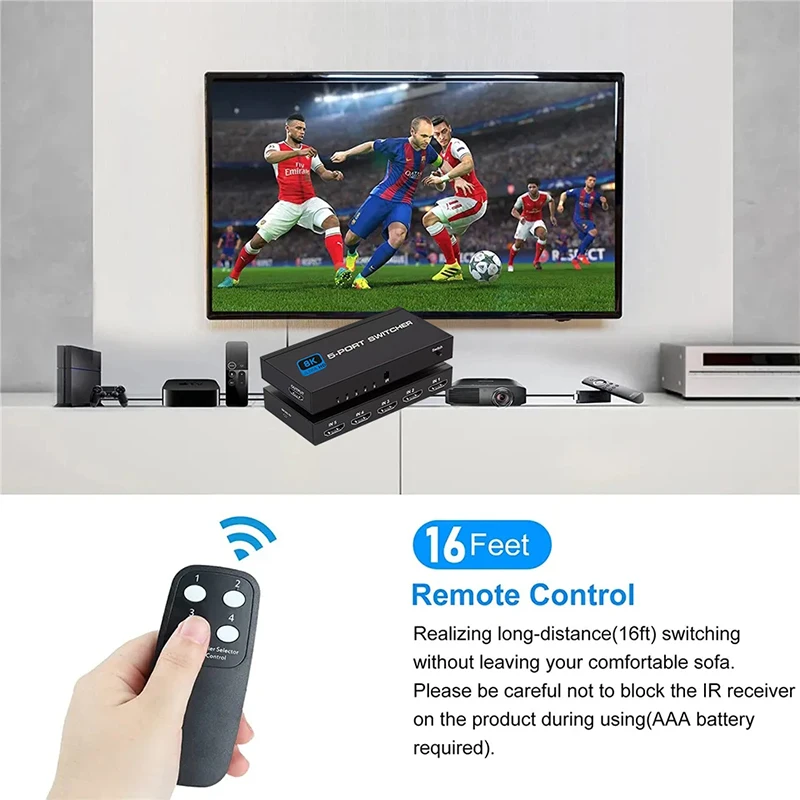 HDMI 2.1 Switcher 8K 60Hz 4K120Hz HDMI-compatible Switch 5 in 1 Out with Remote Control Converter For Xbox PS5 Monitors