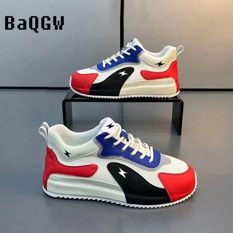 Fashion Leather Canvas Breathable Color Block Running Men Casual Shoes Luxury Sneakers Height Increased Platform Board Shoes