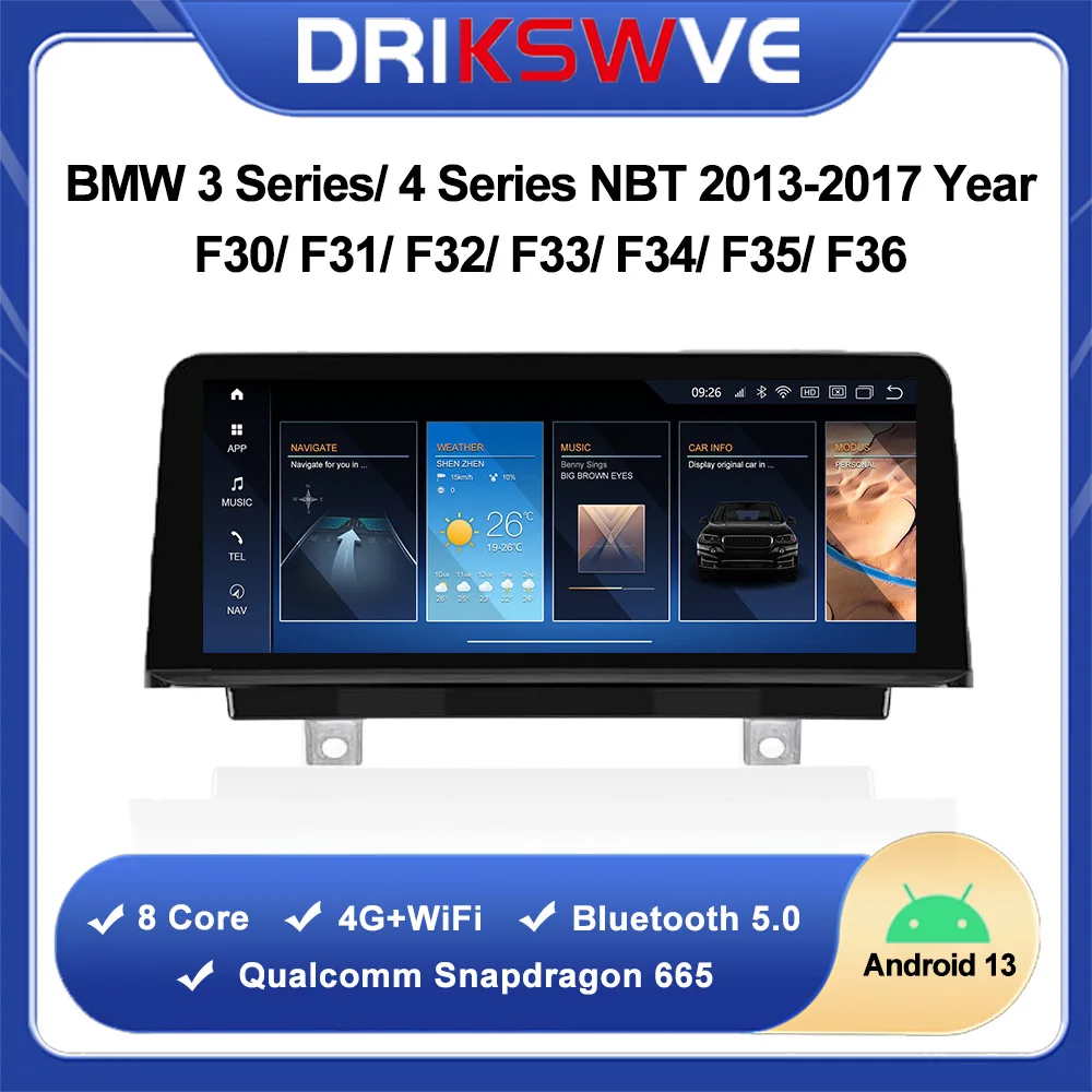 

DRIKSWVE Android 13 Auto and CarPlay Screen for Snapdragon 665 8 Core for BMW 3/ 4 Series F30 F31 F32 F33 F34 F35 F36 NBT System