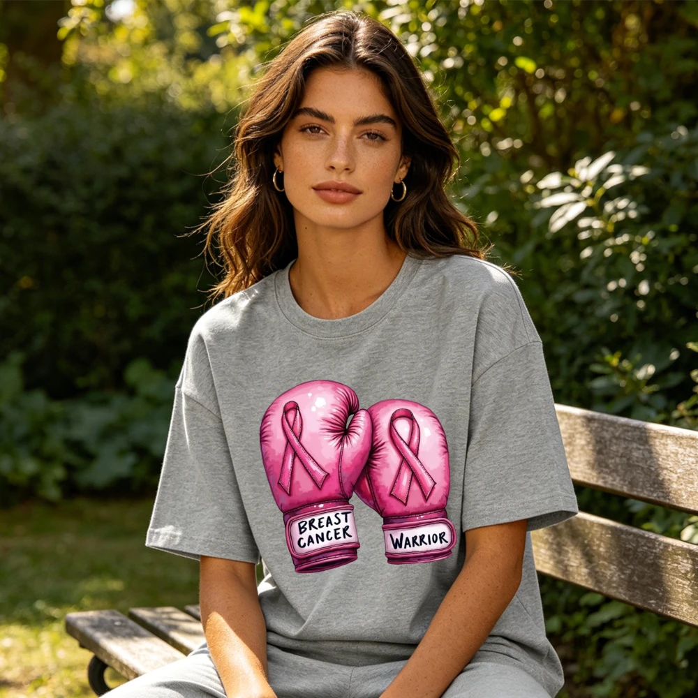 Breast Cancer Warrior Boxing Gloves Graphic Women Summer Cotton T Shirt Fighting Spirit Inspirational Short Sleeve Casual Top