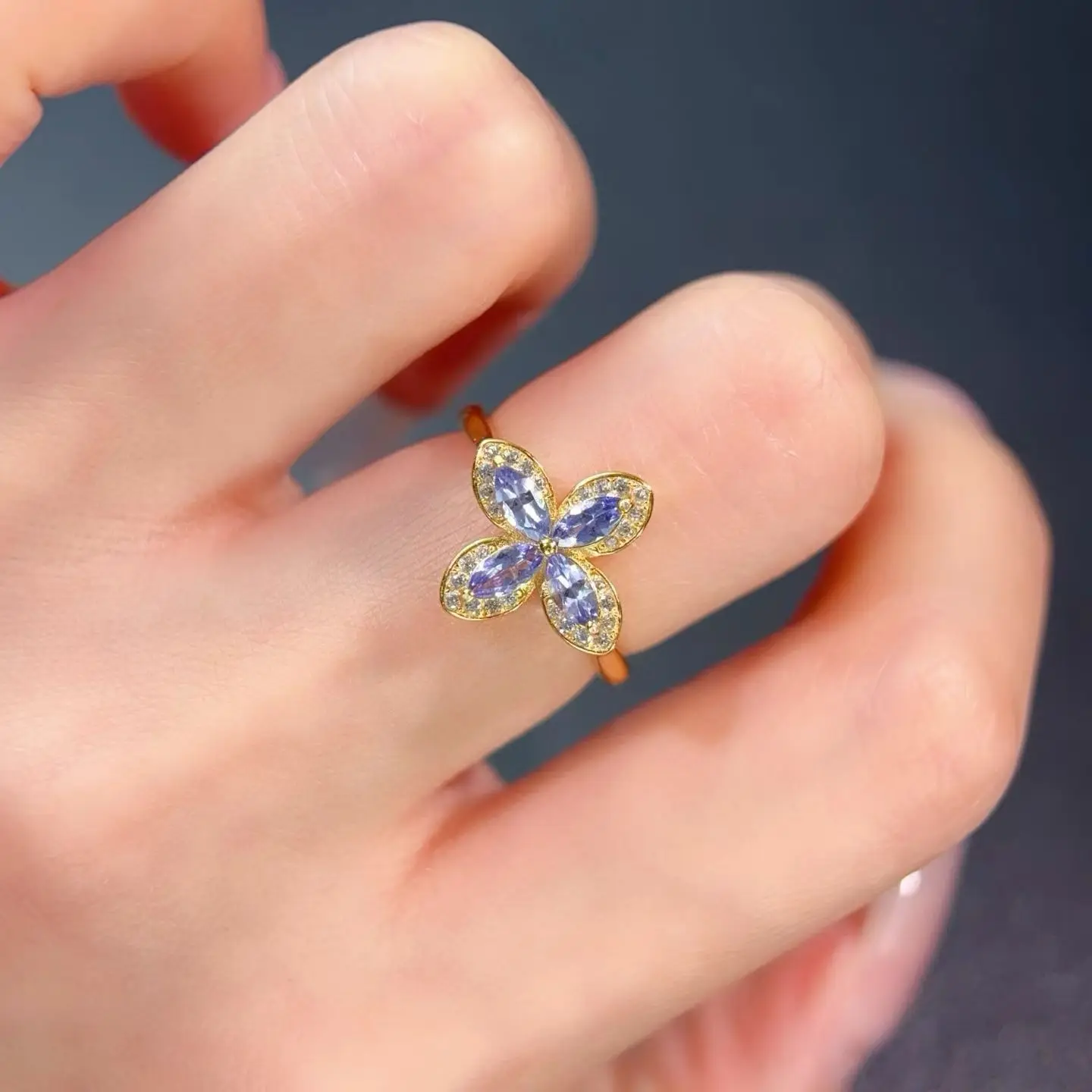 Natural Tanzanite Ring with Certificate 2.5x5mm Genuine Tanznaite Jewelry 925 Silver Floral Shape Ring for Women