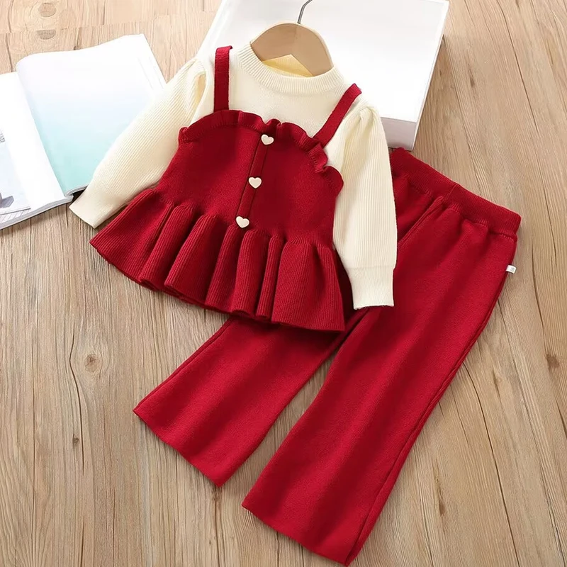 The new girls fashionable set autumn and winter qi fake two-piece knitted shirt+pants two-piece set is suitable for 0-6 years