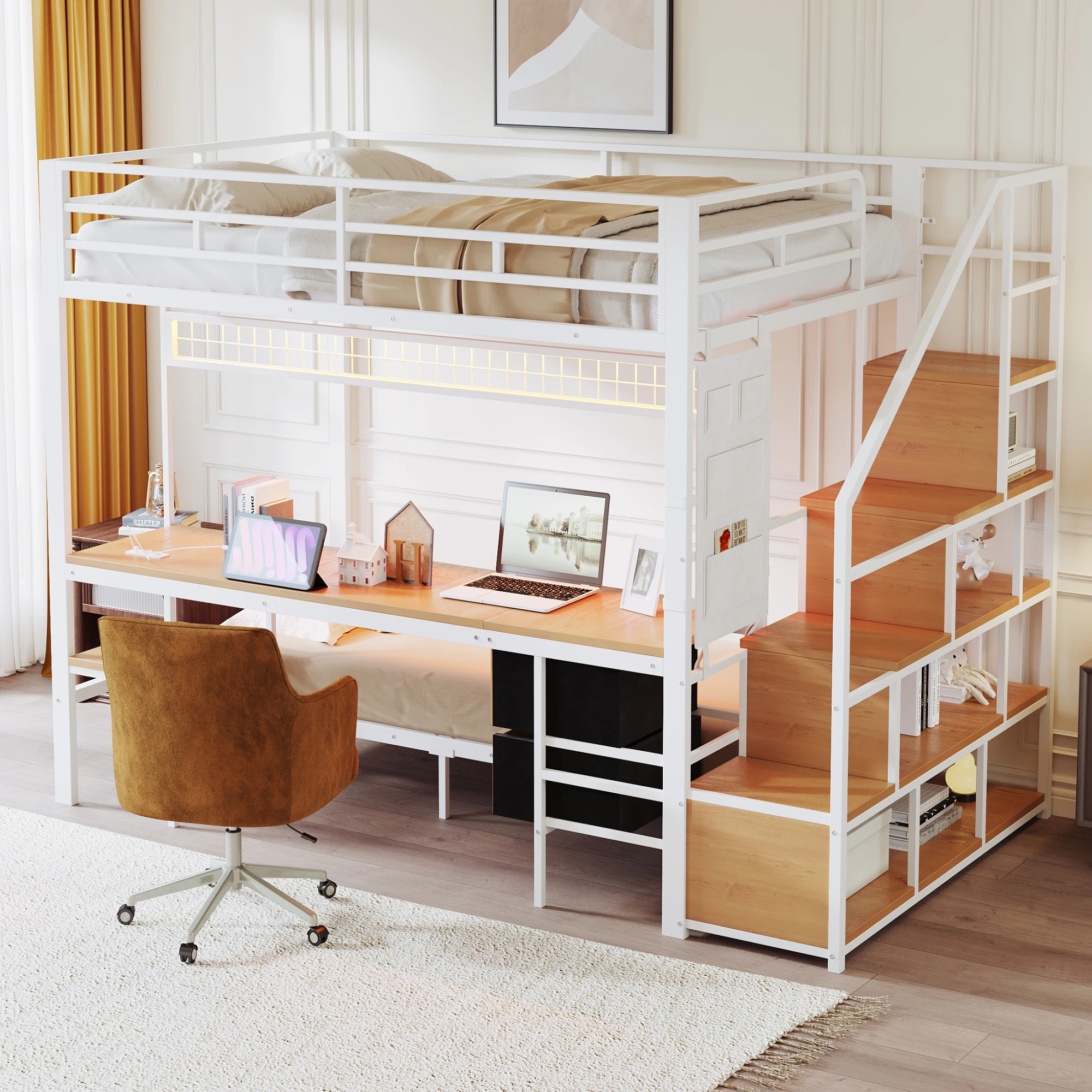 140*200 CM platzsparendes Metall-Etagenbett, Multifunktionsbett mit Schreibtisch, LED, Steckdosen, offenem Stauraum und Stoffschubladen