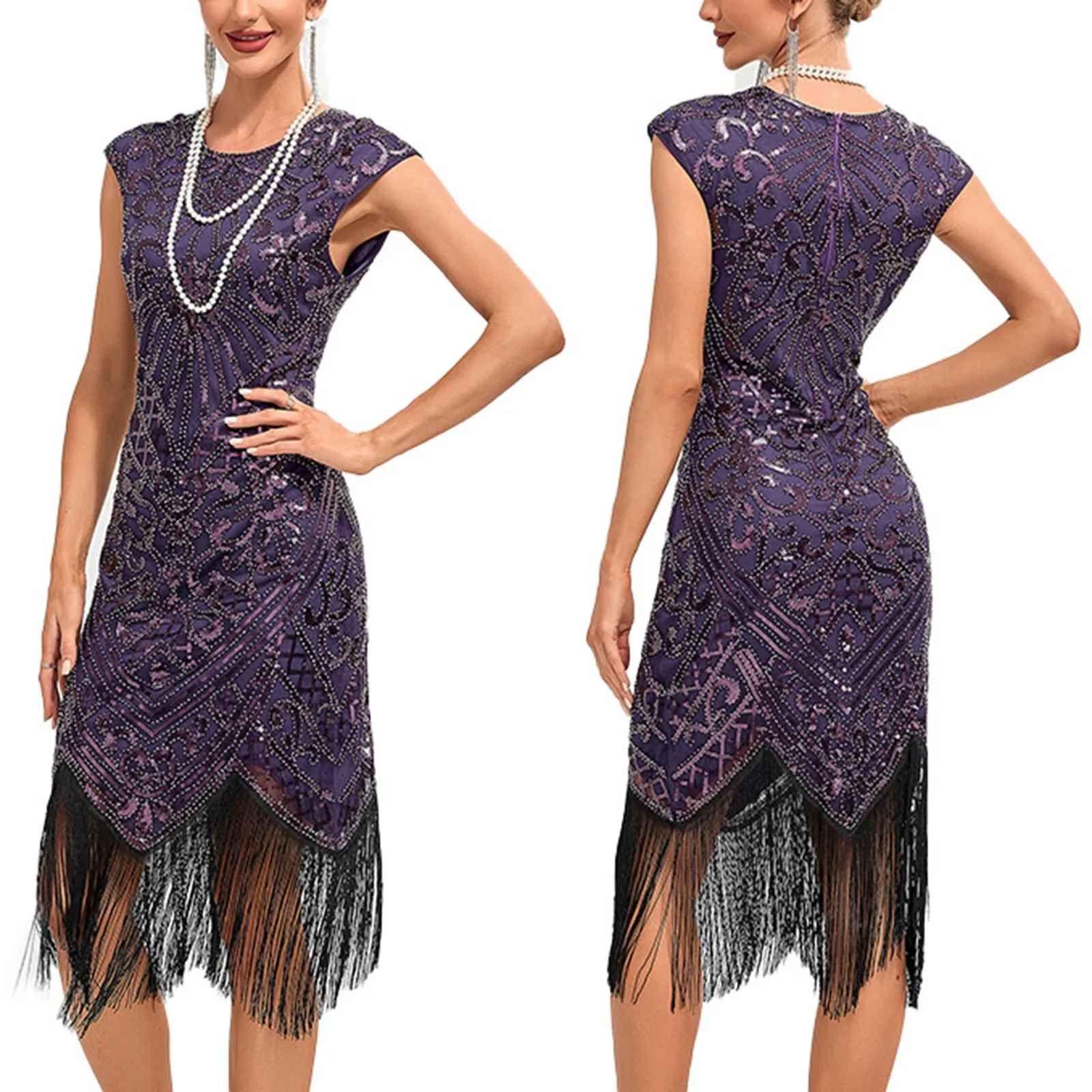 Vintage and Luxury 1920s Tassels Hem Sequined Cocktail Dresses Flapper Party Dress Deep V Laye Ruffles Fishtail Evening Dress