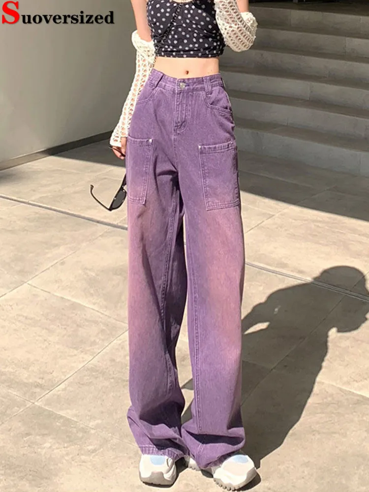

Винтажные уличные джинсы с карманами, модные прямые широкие мешковатые джинсовые брюки, женские повседневные ретро корейские брюки с высокой талией