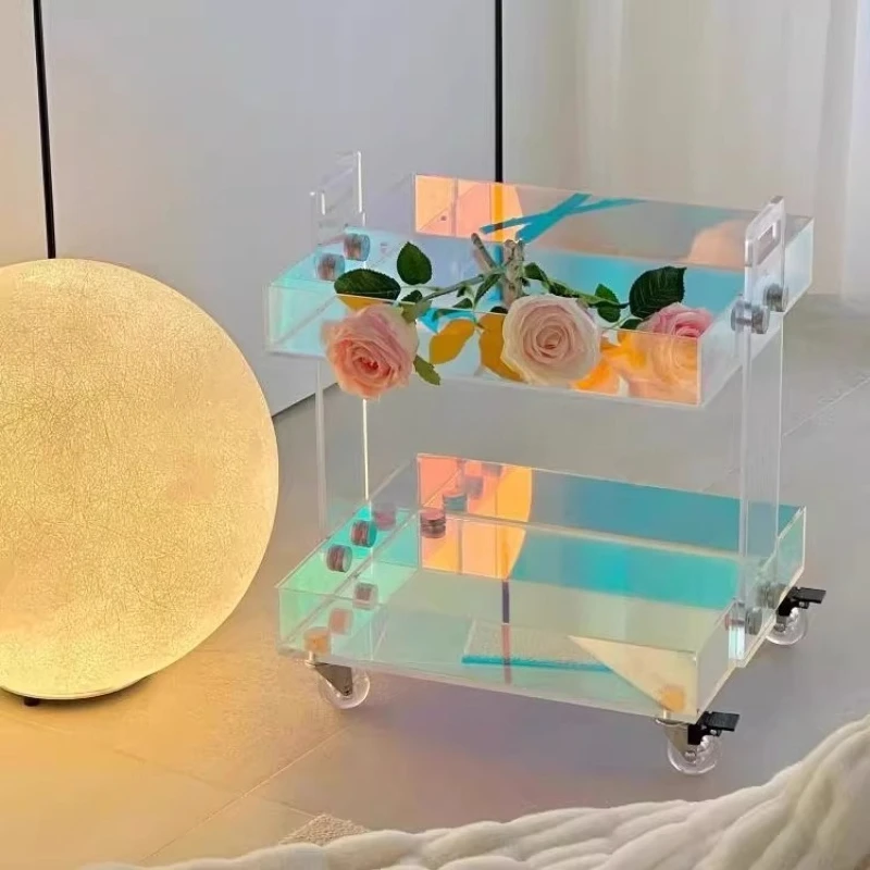 

Acrylic Side Table,INS Transparent Nightstand with Wheel&Multi-Tier Storage,Modern Rolling Cart for Bedroom, Creative Home Decor
