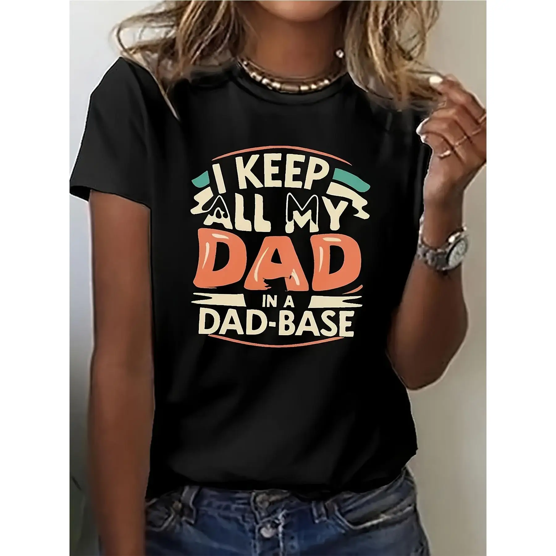

1pc Plus Size Women's Funny Dad Joke T-Shirt - "I Keep All My Dad-Base" Colorful Print, Breathable Round Neck Short Sleeve Casua