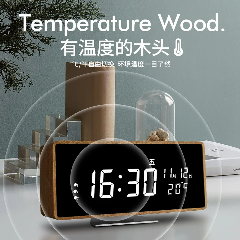 

[ready Stock] Smart Led Digital Electronic Clock Desktop Display Calendar Clock Living Room Tv Cabinet Wooden Alarm Clock