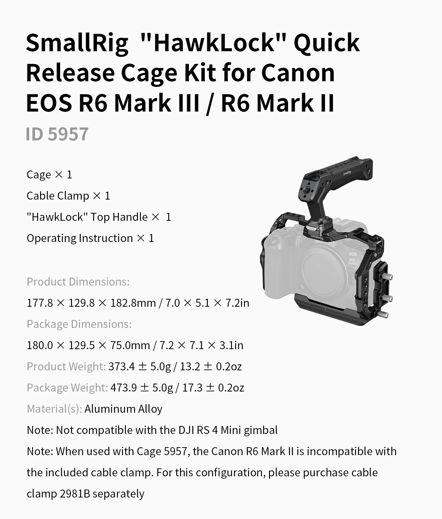 SmallRig "HawkLock" Quick Release Half Cage voor Canon EOS R6 Mark III / R6 Mark II / R5 Mark II met Arca-Swiss Quick Release Plate