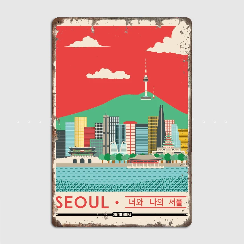 Seoul Print South Korea Poster Travel Poster Metal Tin Sign Truck Indoor and Outdoor Home Bar Coffee Kitchen Wall Decoration