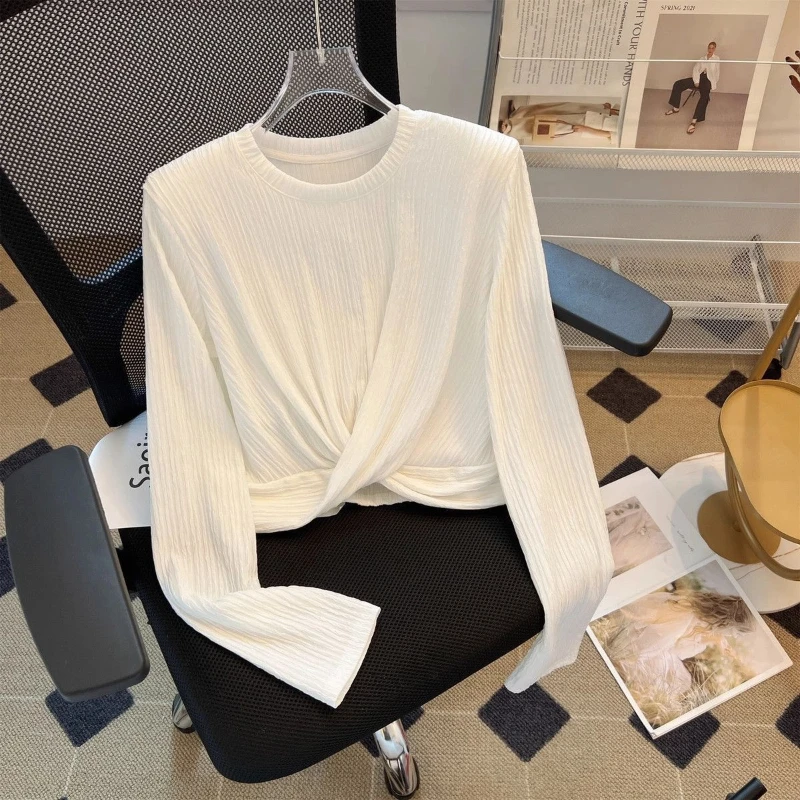 

Pleated Long Sleeve Solid Short Street Casual Tops Spring Autumn New O-neck Youth Fashion T Shirts Korean Trend Women Clothing