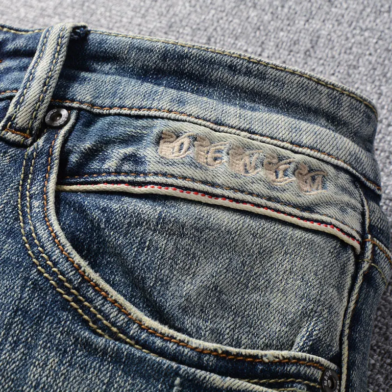 Newly Fashion Designer Men Jeans High Quality Retro Washed Blue Stretch Slim Fit Ripped Jeans Embroidery Vintage Denim Pants Men