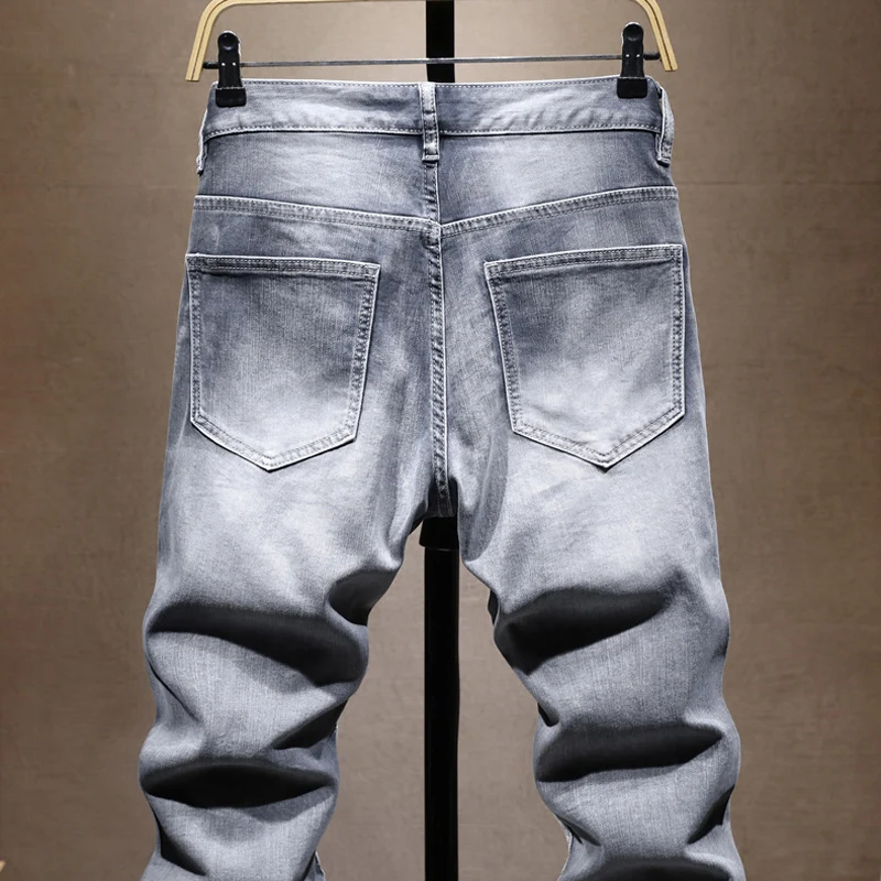 Street Designer Fashion Men Jeans Retro Gray Stretch Slim Fit Spliced Ripped Jeans Men Zipper Patched Hip Hop Denim Biker Pants
