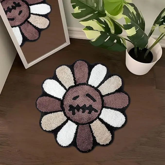 

Flower Smile Round Carpet Thickened Acrylic Wool Imitation Rug Bedroom Decoration Home Bathroom Absorbent Non-Slip Mat