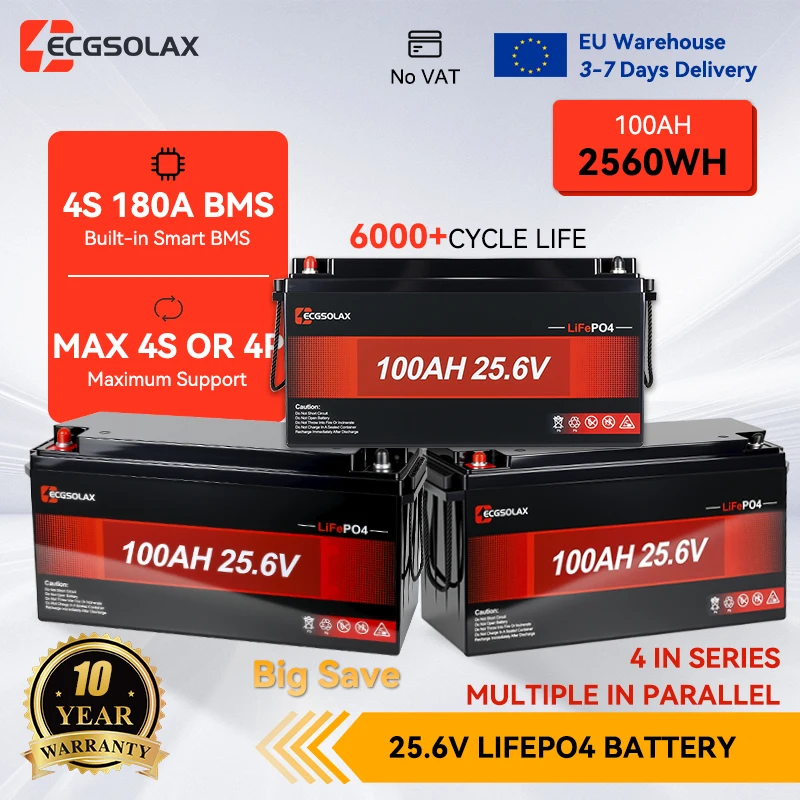 Batteries au lithium rechargeables ECGSOLAX 25.6V 100Ah avec BMS, durée de vie ≥ 6000 cycles, pour Sun Max, 4 unités en série-parallèle pour onduleurs, pour camping-car, bateau, solaires, livraison rapide UE