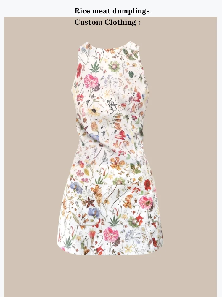 

Summer White Texture Floral Print Sleeveless Vest Dress Women's Waist-Cinching Vest Skirt Korean Style Short Dress round Neck