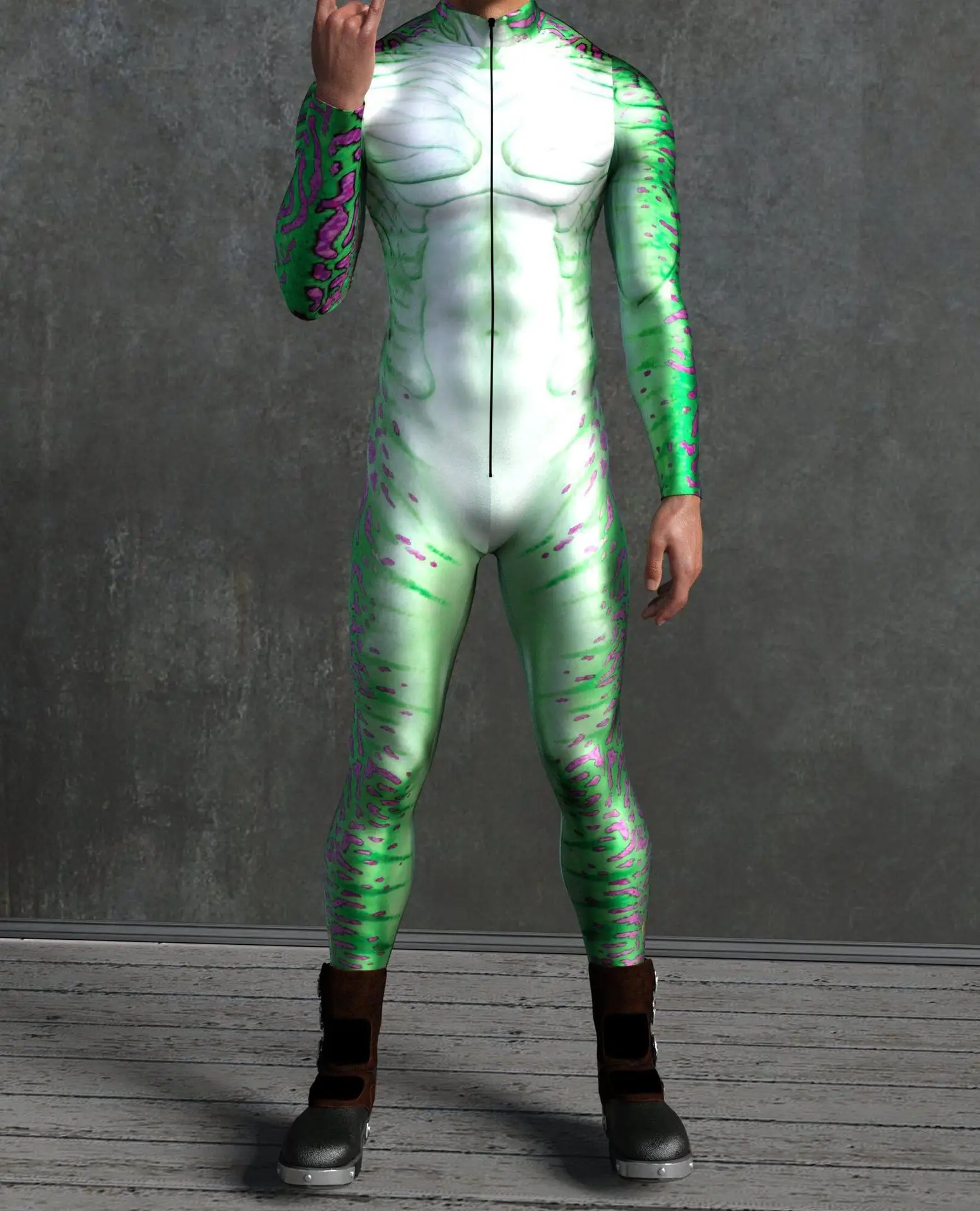 Mehrfarbiger Digitaldruck-Jumpsuit für Damen, Cosplay, Halloween, Karneval, Kostümparty, Performance, Reißverschluss, elastischer, schmaler Bodysuit – Detail 34