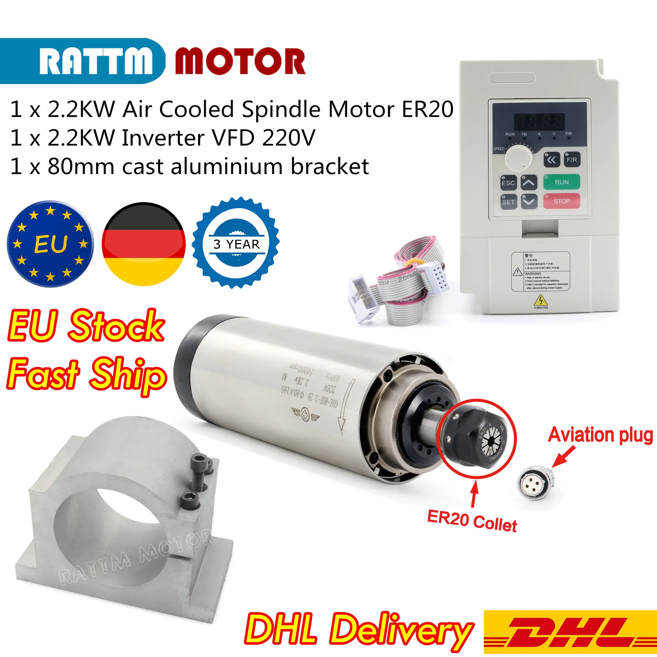 

〖EU Stock〗CNC Milling Spindle Motor 2.2 kw ER20 220v Air Cooling Spindle Motor 80x195mm 4Bearings Inverter 80mm Spindle Bracket