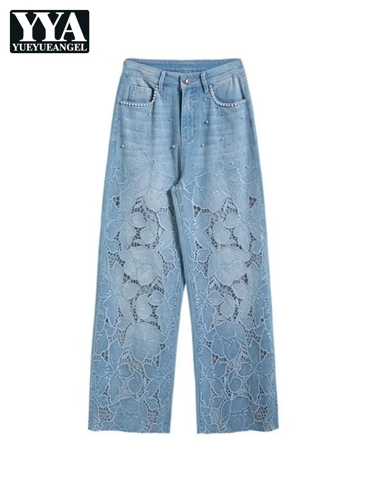 

Spring Summer New Style Female Hollow Out Embroidery Jeans Beading Straight-Leg Loose Fit Wide Leg Ankle Length Denim Trousers