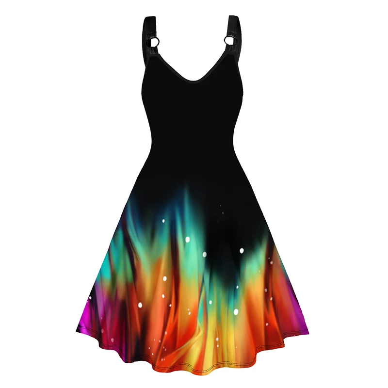

DRESSFO 2025 Women's Dress Colorful Print Hem V Neck O Ring Straps Sleeveless A Line Dress Summer Party Dresses