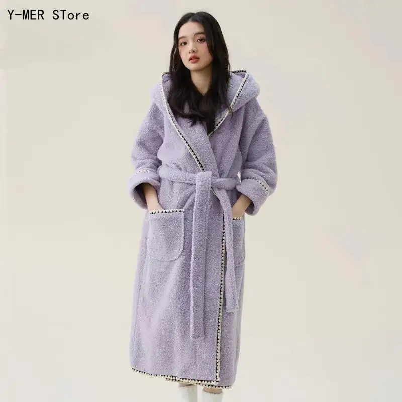 Ultra Thick Coral Fleece Nightwear Hooded Home Wear Winter Autumn Warm Women Sleepwear Bathrobe Elegant Home Clothes
