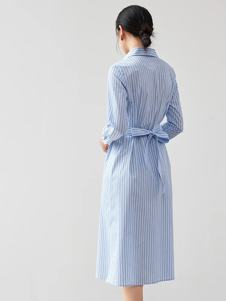 SENTUBILA Striped Cotton Shirt Dress for Women 2024 Autumn Fashion Straight Tie Belt Office Lady Work Business Dress 143L56608