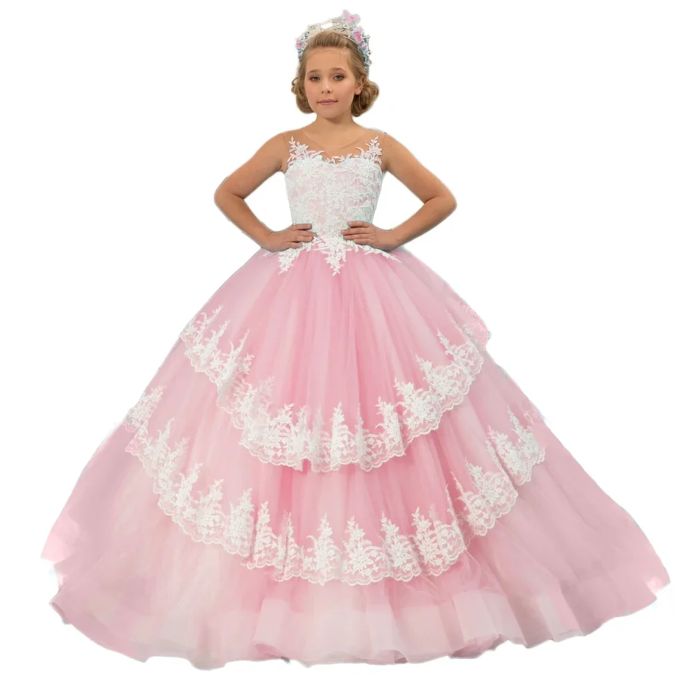 

Birthday Party Banquet Princess Gown Customized Flower Girl Dress Sky Blue White Lace Appliques Tiered Sleeveless For Wedding