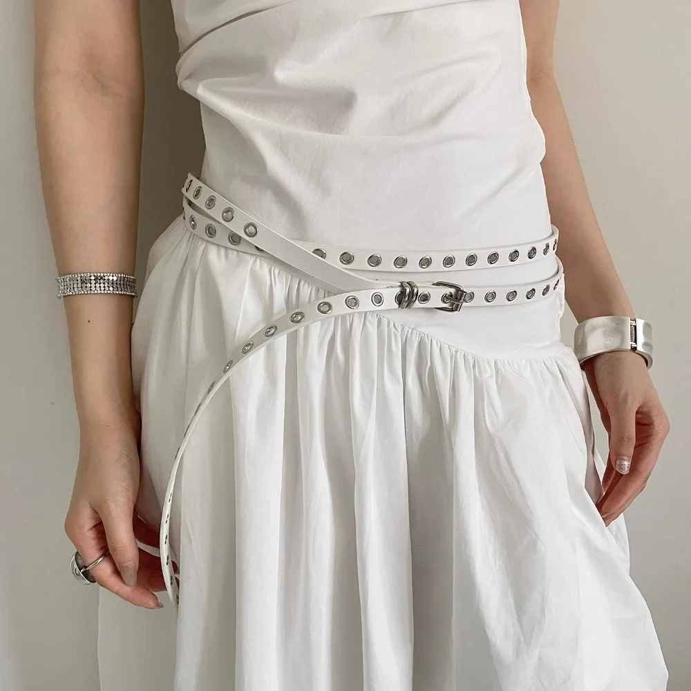 

Adjustable PU Leather Waist Belt Gothic Punk Double Layer Circle Chain Retro Extra Long Thin Rivet Eyelet Knotted Belt Vintage