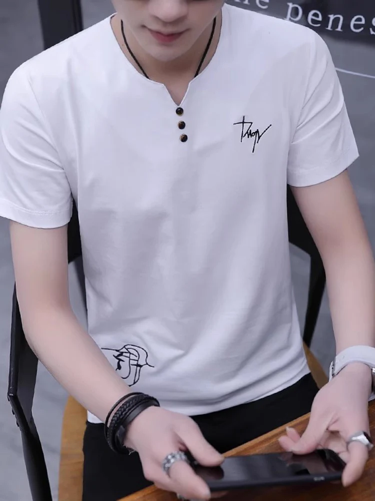 

Summer New Men's ort Sve T-irt V-Ne Pure Color Cotton Slim Fit Faionable Button Body irt Youth ular Sle