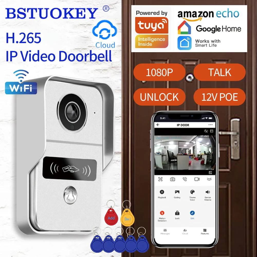 Wi-Fi Video Doorbell Intercom Câmera IP, Suporte Alexa, Bloqueio da porta, Controle Remoto, Desbloquear RJ45 para POE, Aplicativo Tuya, 1080P,