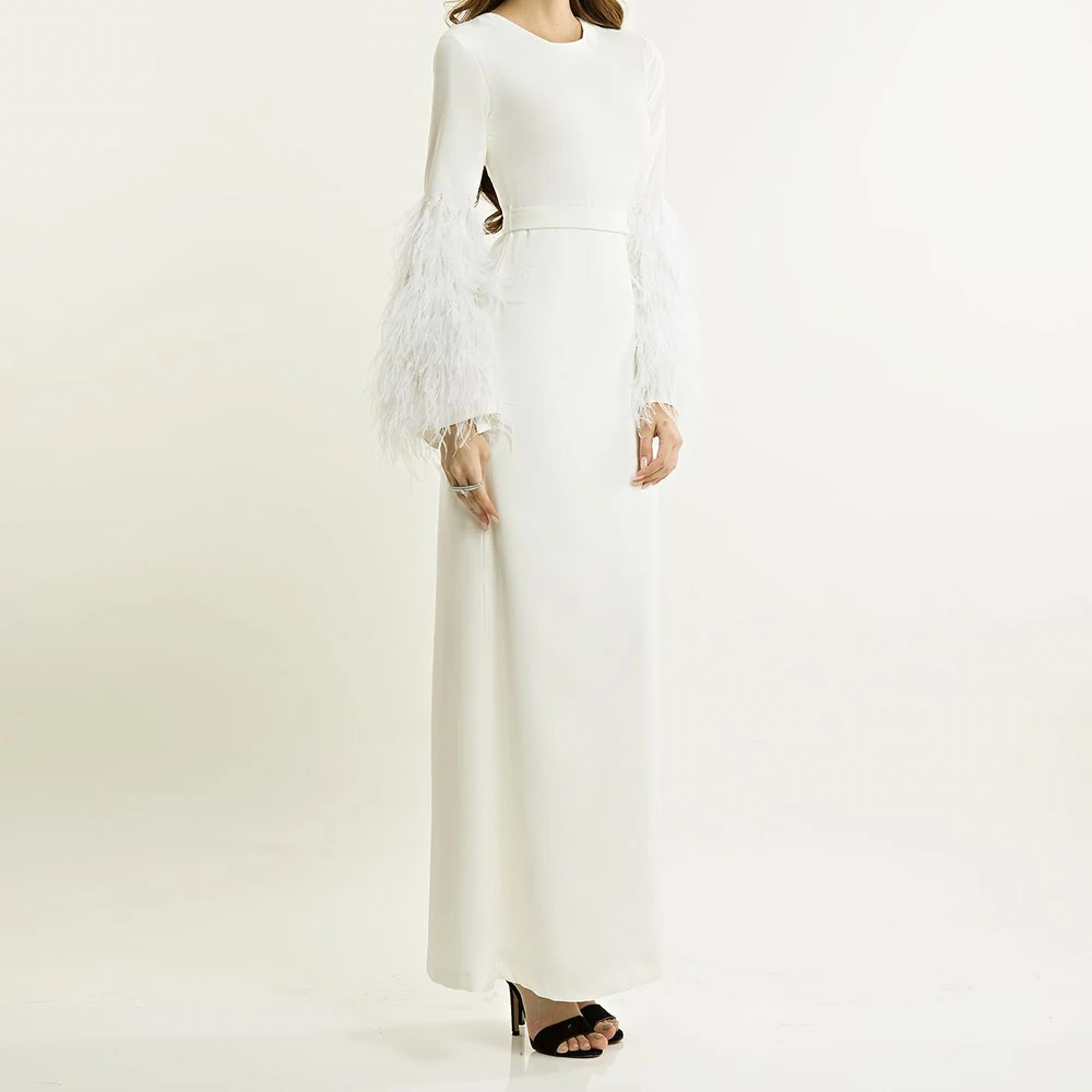 Temperament Feathers Jersey Straight Evening Dress Delicate Floor Length Crew neck Long Sleeves فساتين سهره نسائيه فخمة