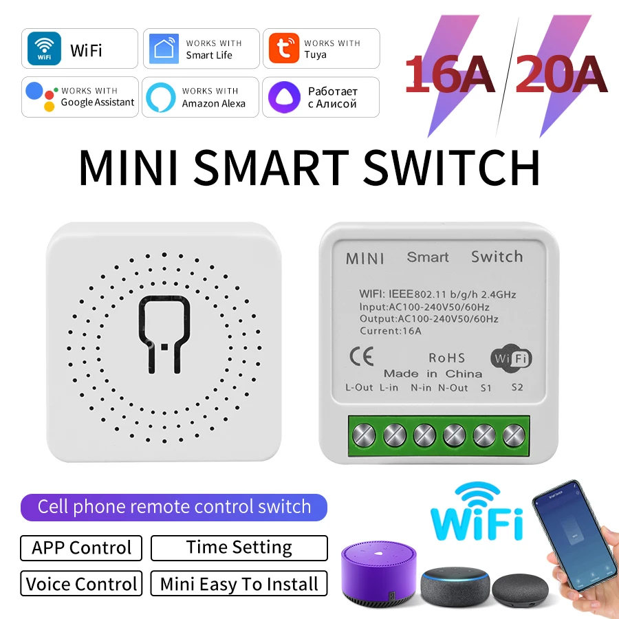 

Tuya WiFi Smart Switch Module 16A 20A RF433Mhz Breaker Relay 2-way Control Remote Control Smart Life Support Alexa Google Home