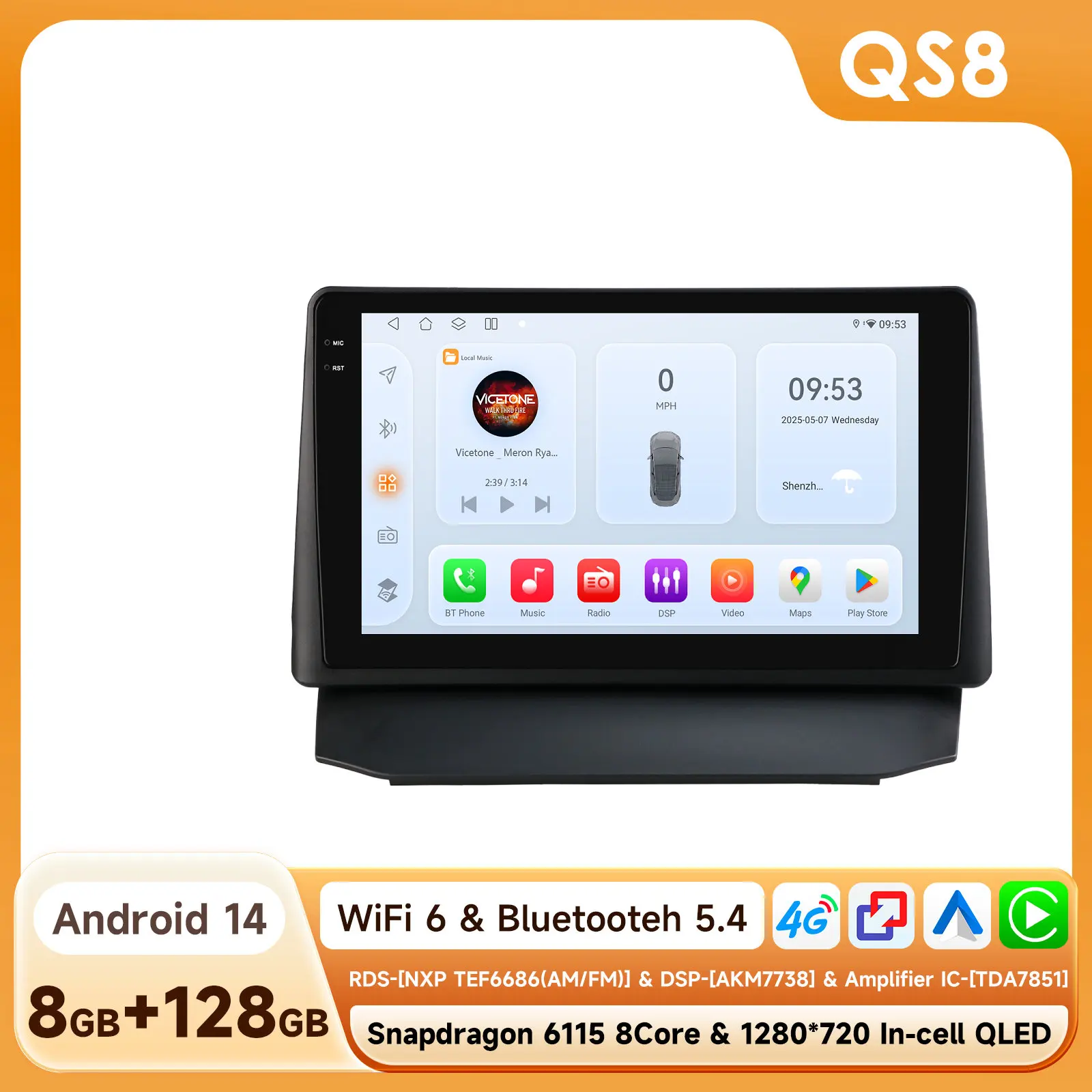 

8 + 128G 8-ядерный автомобильный радиоприемник Android 14 для Ford Fiesta 2009-2016 (только кнопка выключения PASS AIRBAG) Мультимедийный плеер GPS 9 дюймов Carplay