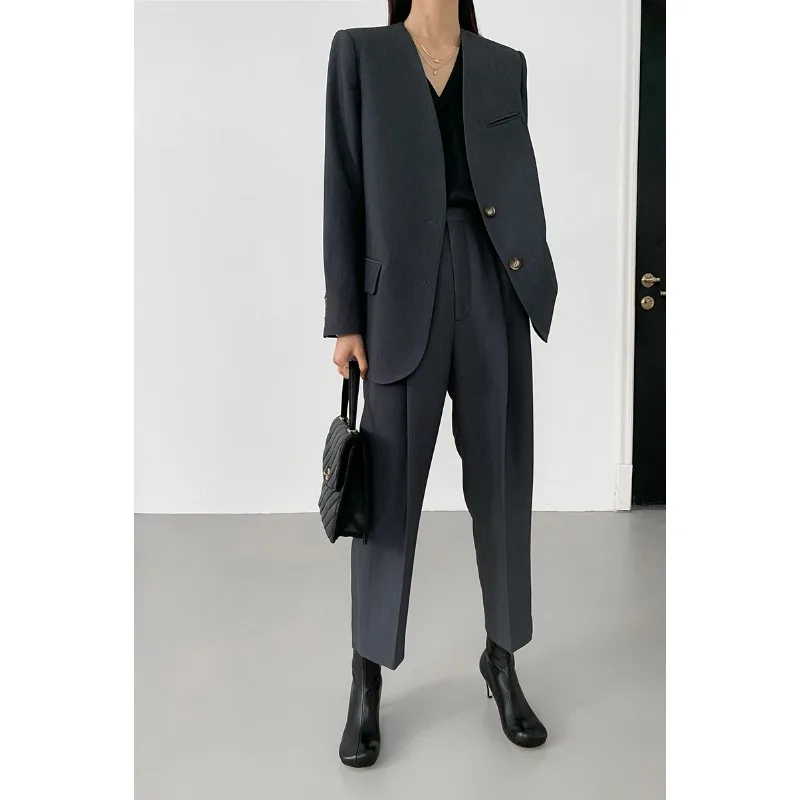 Autumn and Winter Women\'s Pant Suits Fashion Simple Commuter V-neck Single-breasted Loose Blazer Jacket Harlan Trousers Set