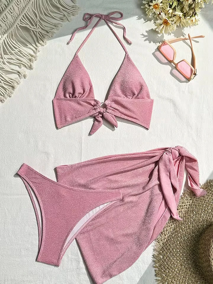 

Vzvn Fashion Laced Up Solid Bikini Women Split Swimsuit Beach Vacation Bikini 2026 New All Season Backless Bikinis 3 Piece Set