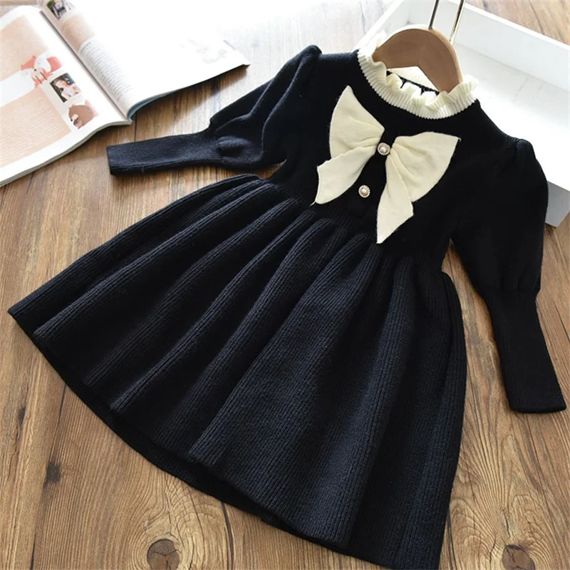 Long Sleeve Girls Winter Dresses 2023 New Warm Knit Sweater Kids Red Christmas New Year Party Princess Gown 1-8 Yrs Baby Vestido