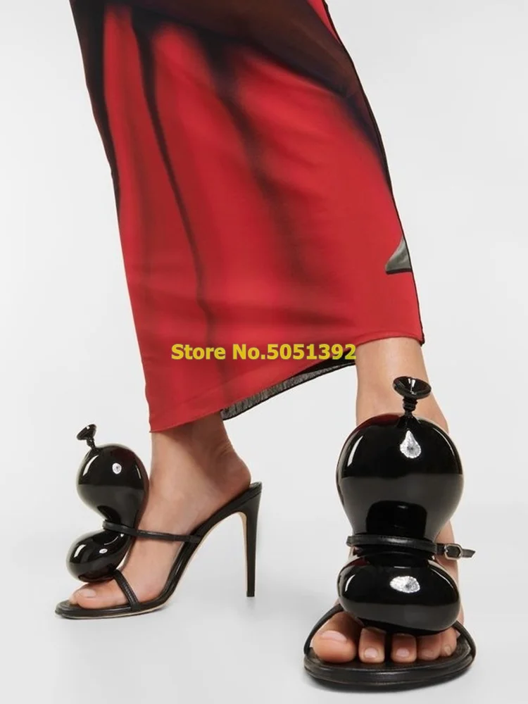 Black Leather Balloon Slippers Round Toe Stiletto High Heel Slip On 2024 Summer Women Shoes Runway New Arrival Shoes