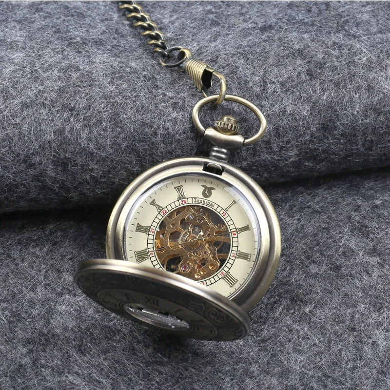 Fashionable automatic pocket watch, retro carved hollow couple watch chain, men's and women's mechanical watch reloj V103