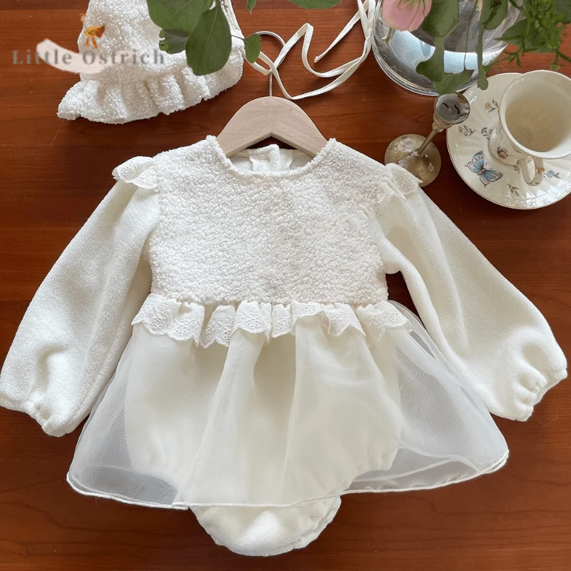 Newborn Baby Girl Lambswool Romper Dress Cap Infant Toddler Child Dress Long Sleeve Spring Autumn Jumpsuit Baby Clothes 9-18M