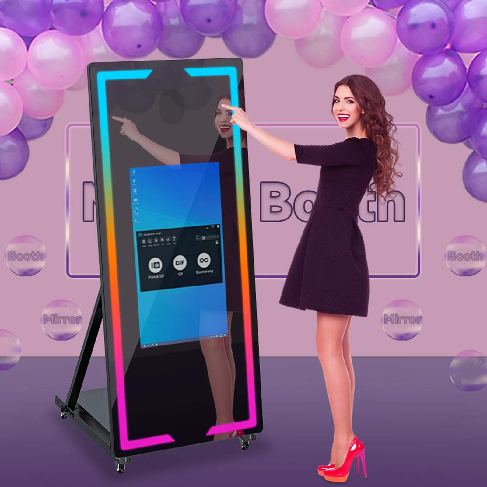 Twee 65-inch spiegelfotocabines, uitgerust met camera's en printers; een draagbare self-service fotocabine met een magische spiegel