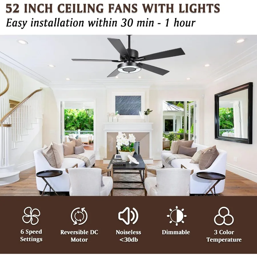 52 Inch Black Ceiling Fans with Lights and Remote Control Featuring Ultra-Quiet DC Motor Reversible 5 Blades Dimmable Lighting