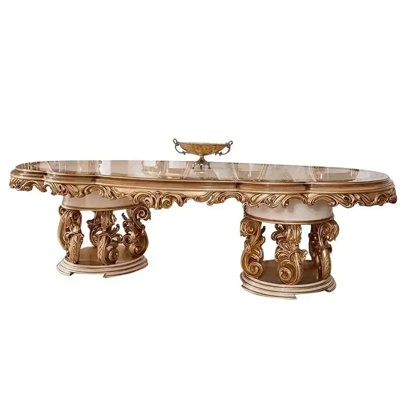 #Italian European Style Dining Room Set Dining Cabinet Hand Carved Luxurious Wooden Dining Table With 6 Chairs