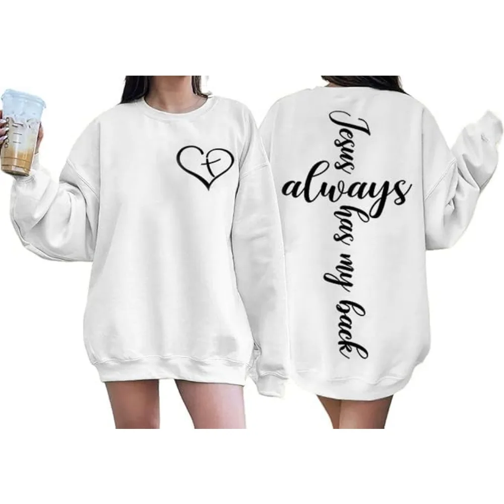 MNLYBABY Jesus Christian Sweatshirt Womens Jesus Always Has My Back Religious Shirts Inspirational Long Sleeve Pullovers Tops