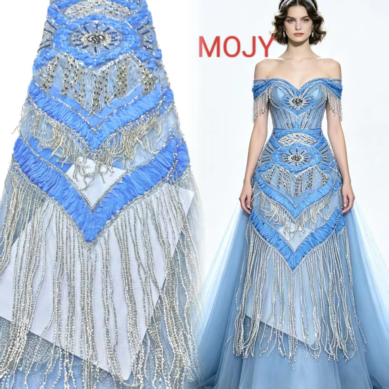 Heavy Beaded Tassel Fringe Lace Fabric, Sky Blue Rhinestone Embroidery Tulle for Bridal Gown Evening Dress