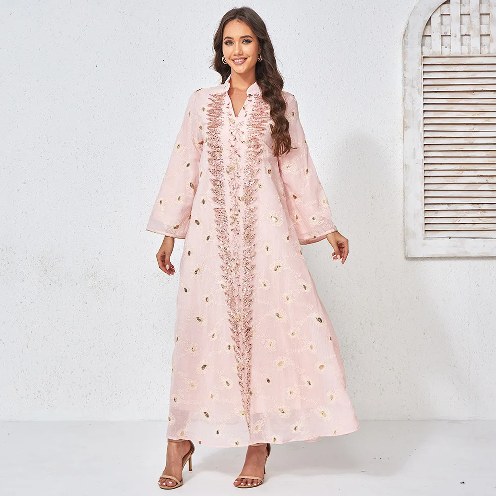 

Mt526 New Women's Mesh Embroidered Beaded Loose Casual Long Dress Long Dress Robe Abaya Ramadan Dubai Luxury Islam Elegant