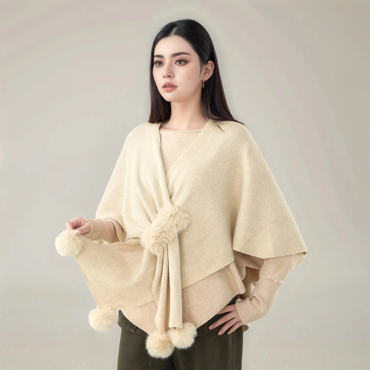 

Women's Warm Large Shawl Wrap Solid Color Poncho Fur Ball Faux Knitted Wool Cardigan Coat Ladies Elegant Loose Cape Shawl