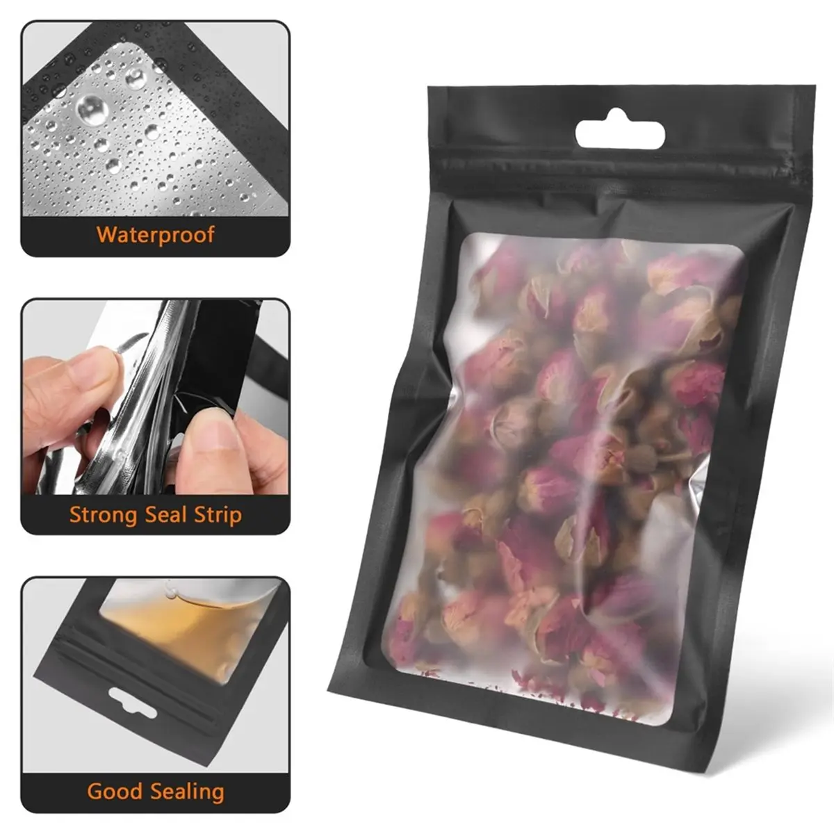 100 Pcs Resealable Foil Bags, Plastic Packaging Pouch with Clear Window for Small Business, Black 3.5 X 6.3 Inch