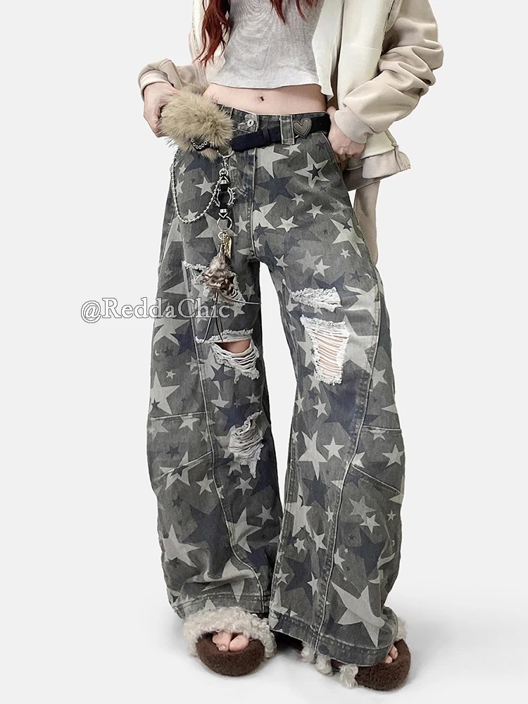 REDDACHiC Star Pattern Camouflage Jeans for Women Retro Y2k Low Rise Wide Leg Torn Ripped Denim Barrel Pants Harajuku Streetwear