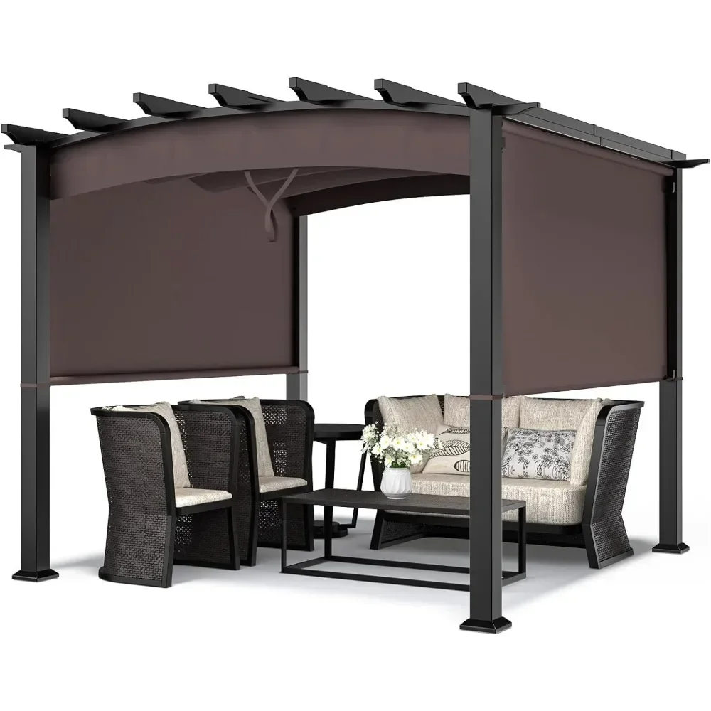 10ft x 10ft Outdoor Retractable Pergola, Patio Metal Pergola with Adjustable Sliding Sunshade Canopy, Heavy-Duty Steel Frame